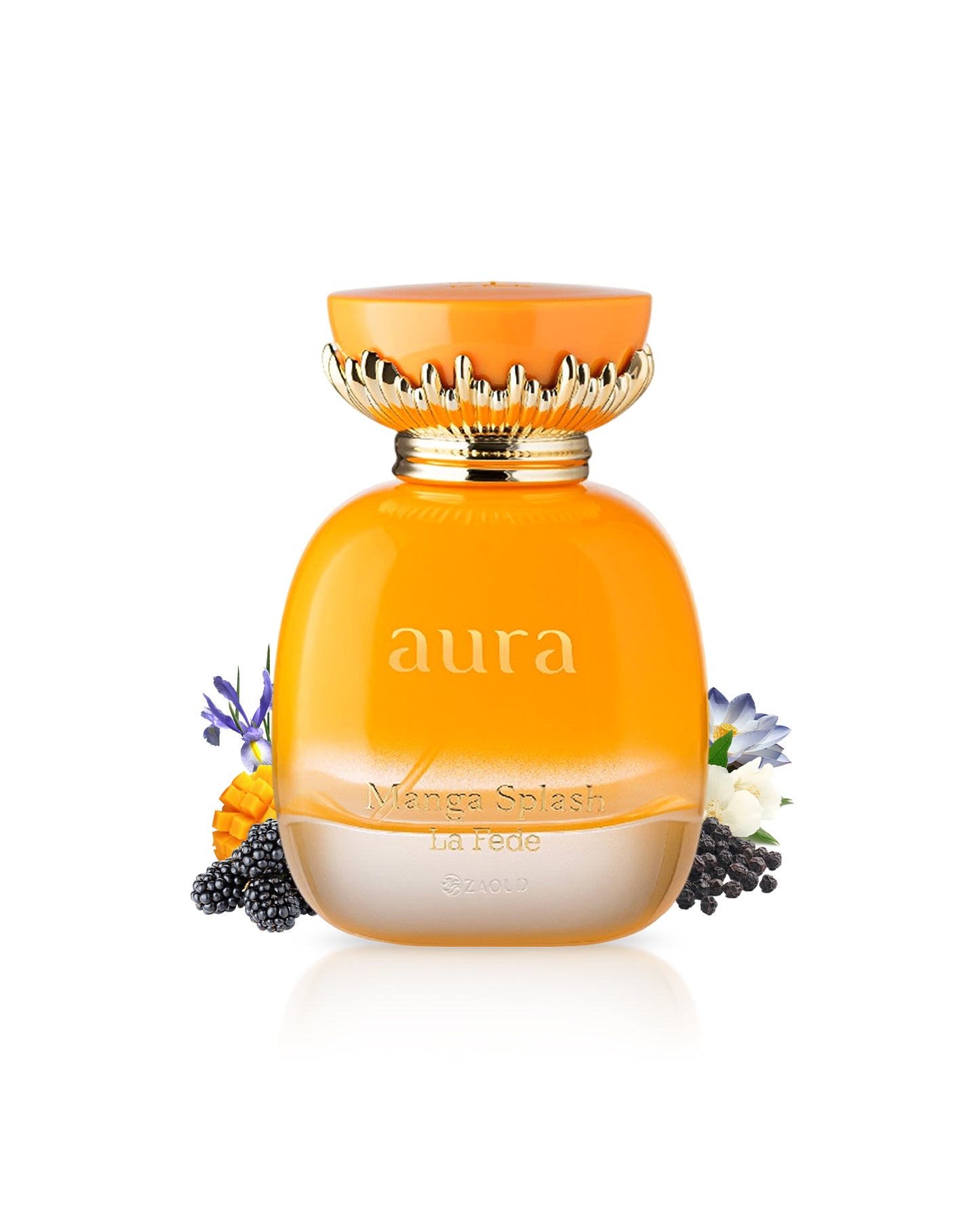 la fede aura manga splash perfume bottle surrounded with fragrance notes like mango and lotus against white background