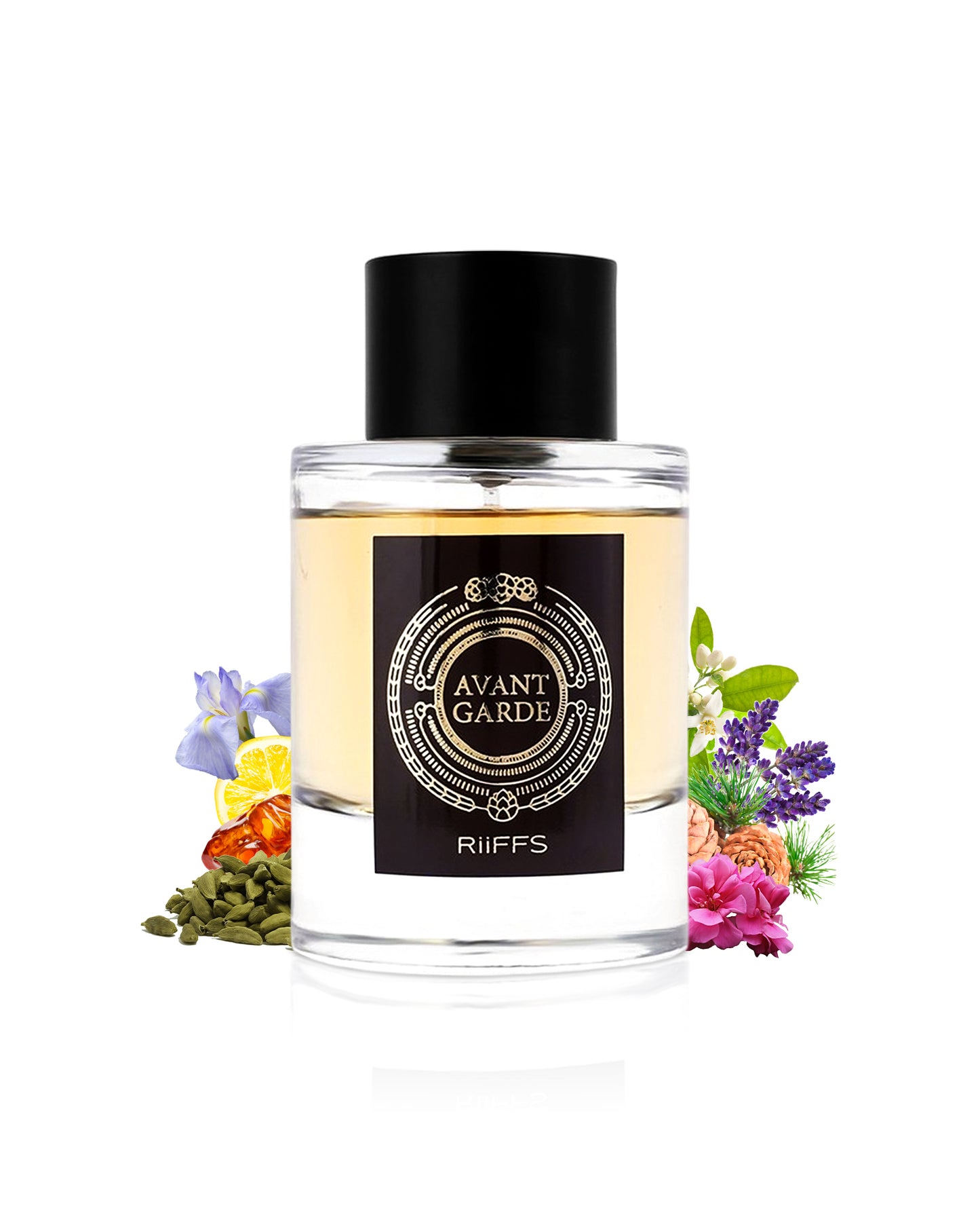 riiffs avant garde perfume bottle surrounded with its ingredients like iris and jasmine with many others like cardamom and amber shows from behind the bottle against white backgroundunded