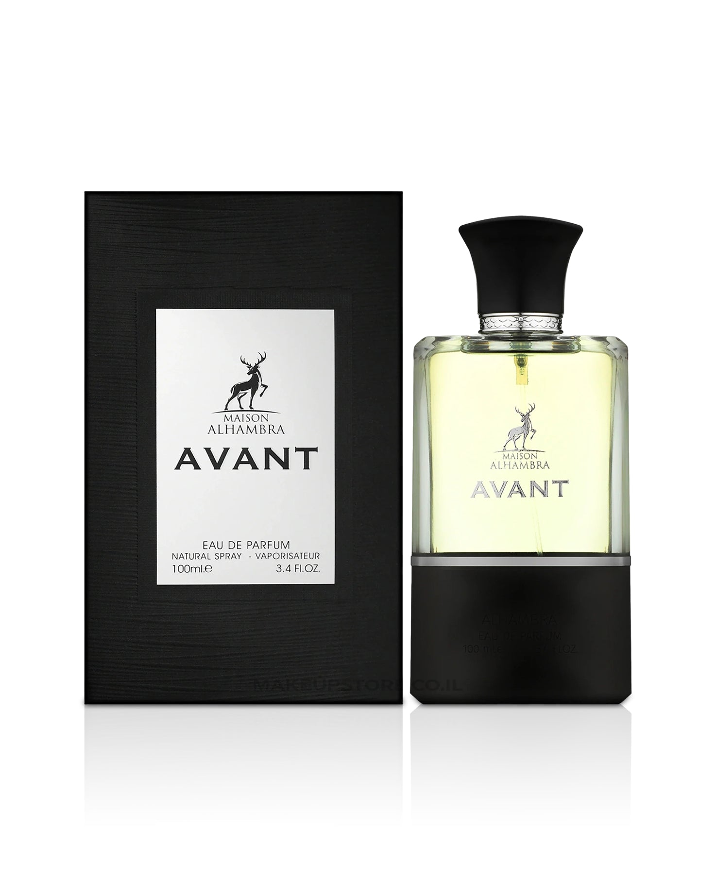 avant by maison alhambra perfume bottle shows beside its box against white background