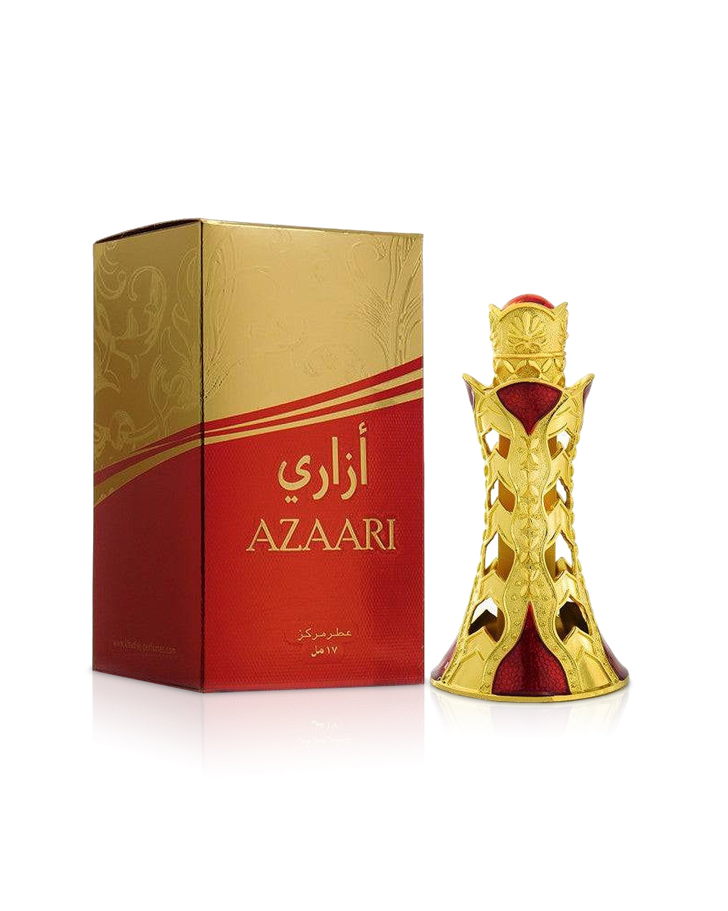 azaari perfume oil bottle by khadlaj perfumes shows beside its box against white background