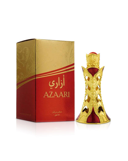 azaari perfume oil bottle by khadlaj perfumes shows beside its box against white background