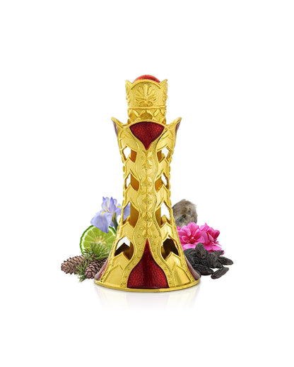 azaari perfume oil bottle by khadlaj perfumes bottle surrounded with its ingredients like musk and iris with many others shows from behind the bottle against white background