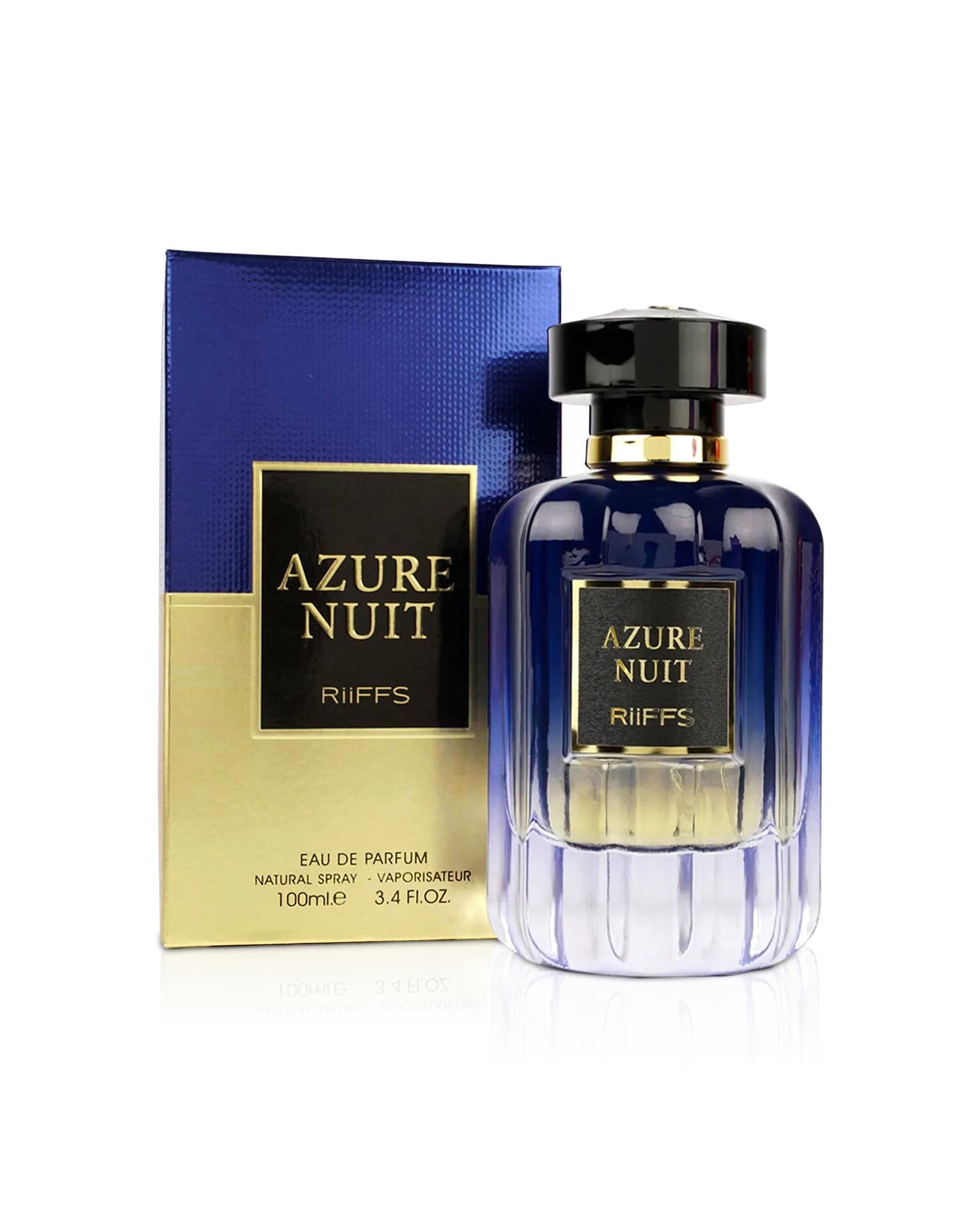 azure nuit by riiffs perfume bottle shows beside its box against white background