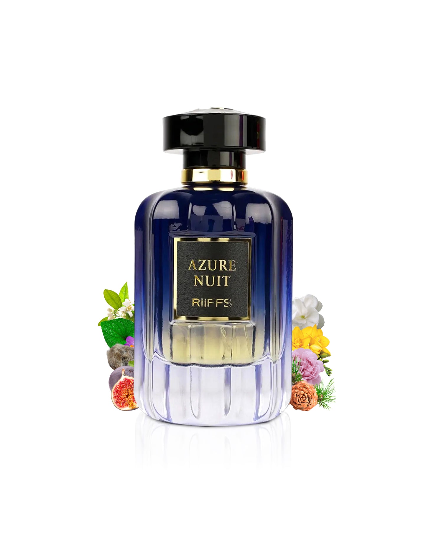 azure nuit by riiffs perfume bottle surrounded with its ingredients like rose and jasmine with many others shows from behind the bottle against white background