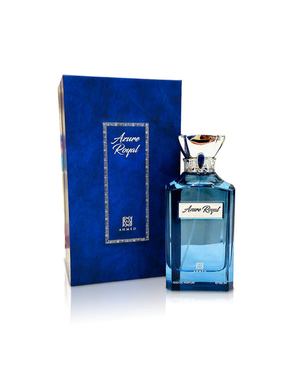 ahmed al maghribi azure royal perfume bottle shows beside its box  against white background