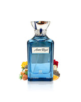 ahmed al maghribi azure royal perfume bottle surrounded with fragrance notes like roses and pear shows from behind the bottle  against white background