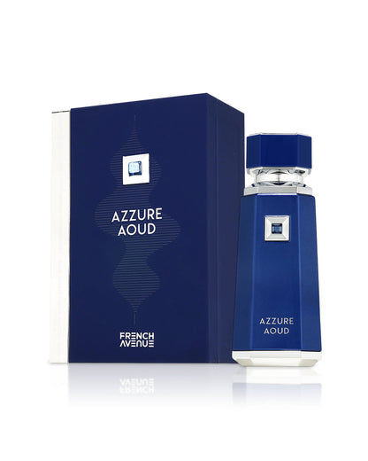 french avenue azzure aoud perfume bottle shows beside its box against white background