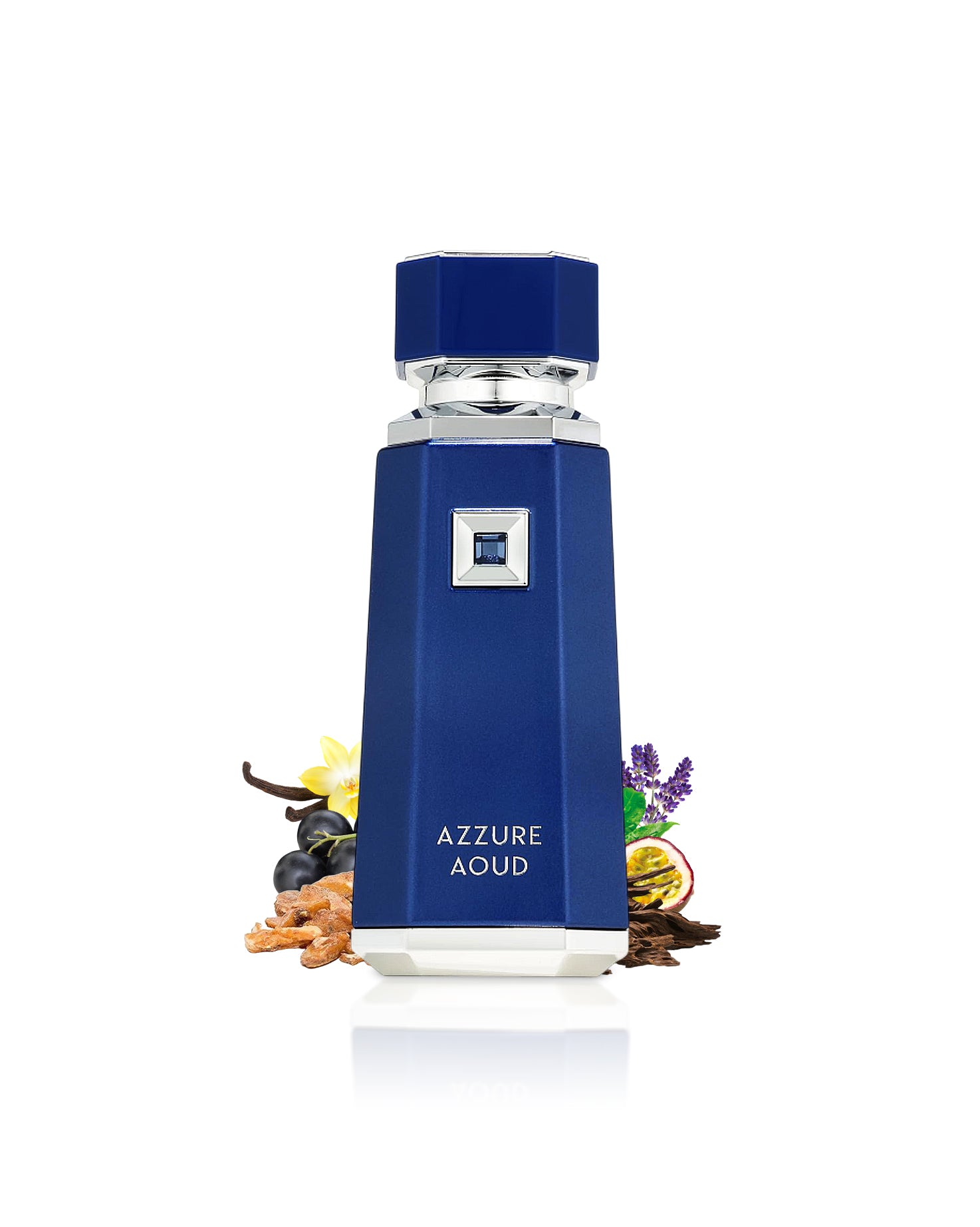 french avenue azzure aoud perfume bottle surrounded with fragrance notes like passion fruits and oud shows against white background