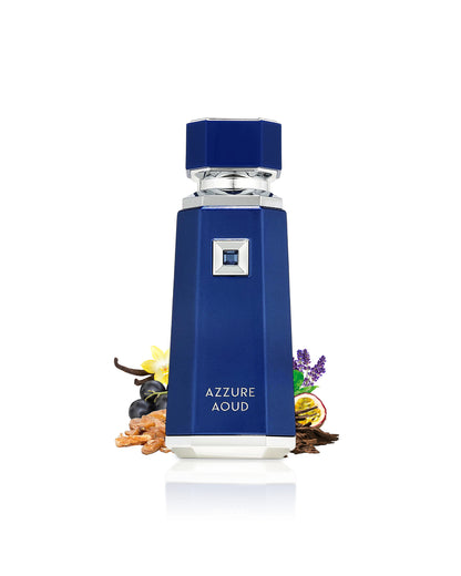 french avenue azzure aoud perfume bottle surrounded with fragrance notes like passion fruits and oud shows against white background