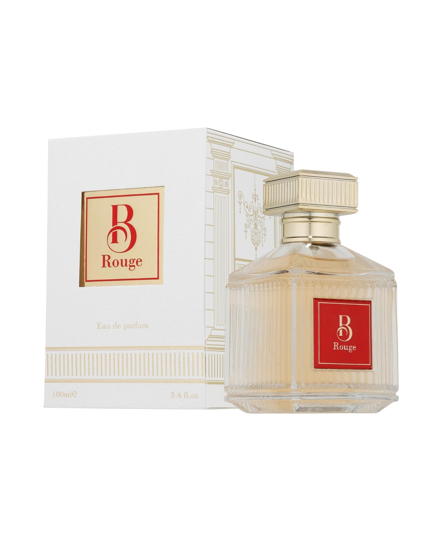 b rouge fragrance world bottle shows beside its box against white background