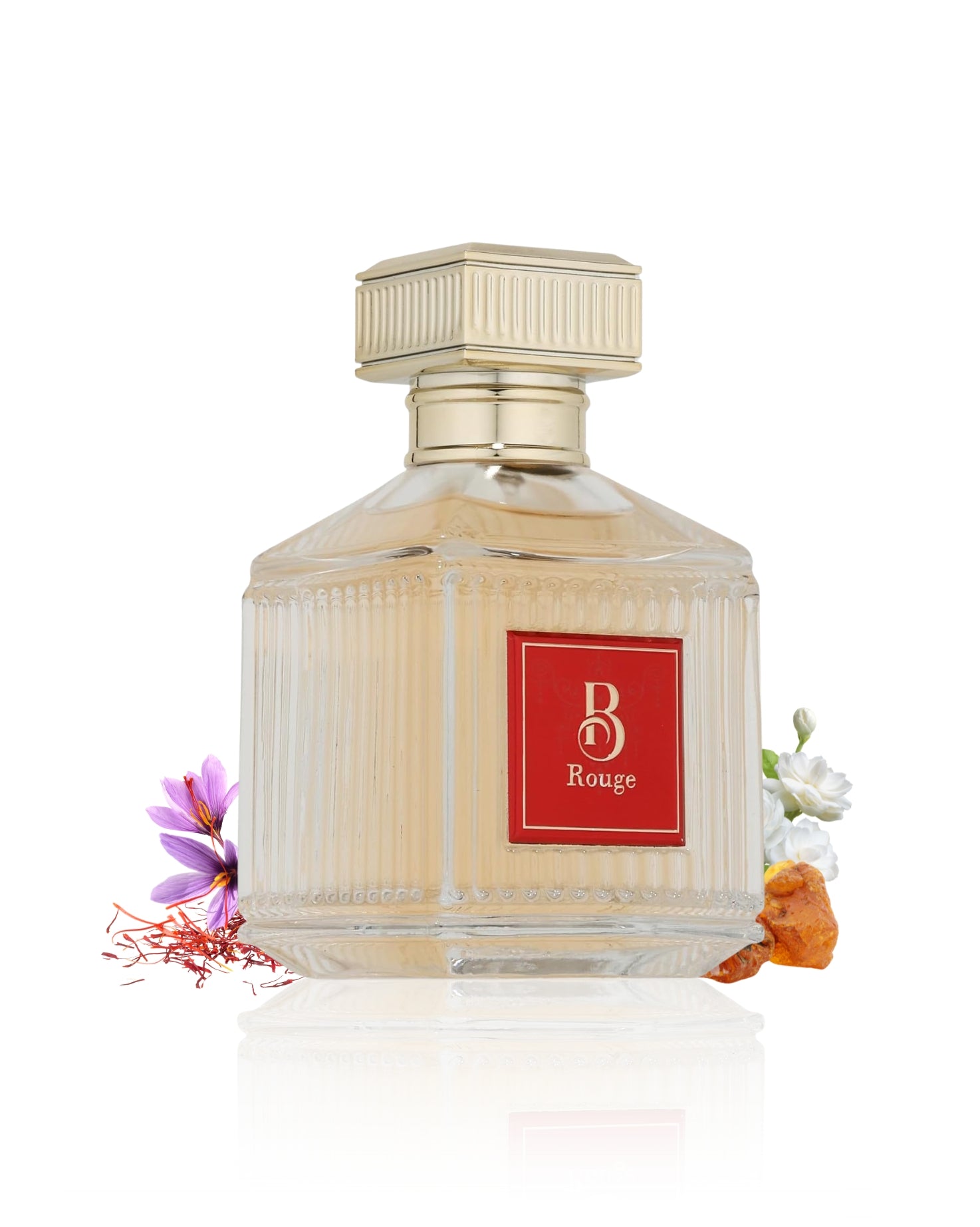 b rouge fragrance world bottle surrounded with fragrance notes like saffron and jasmine shows against white background