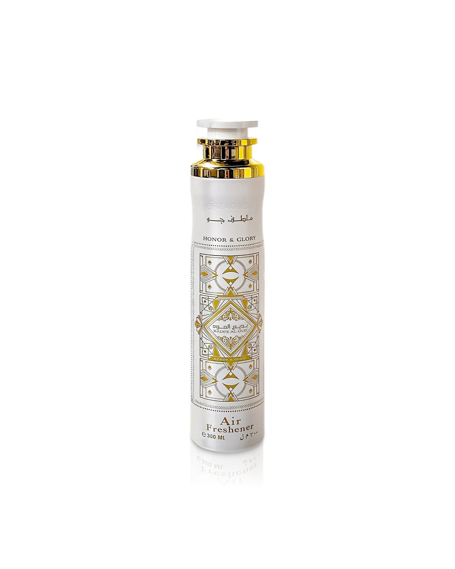 badee al oud honor and glory Air freshener bottle with gold accents on a white background