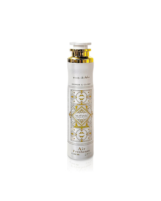 badee al oud honor and glory Air freshener bottle with gold accents on a white background