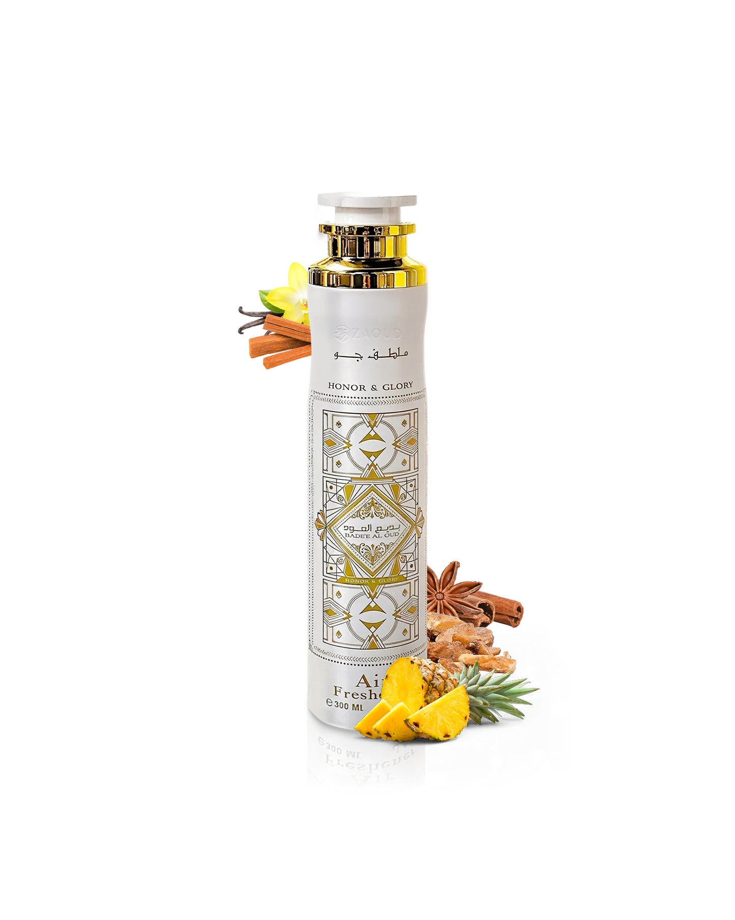 badee al oud honor and glory air freshener bottle with geometric design and tropical elements on a white background