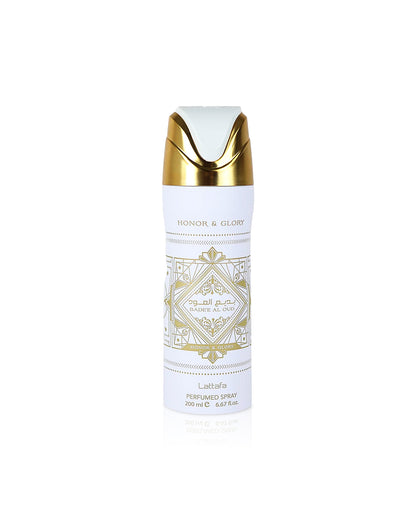 lattafa badee al oud honor and glory deodorant bottle shows against white background