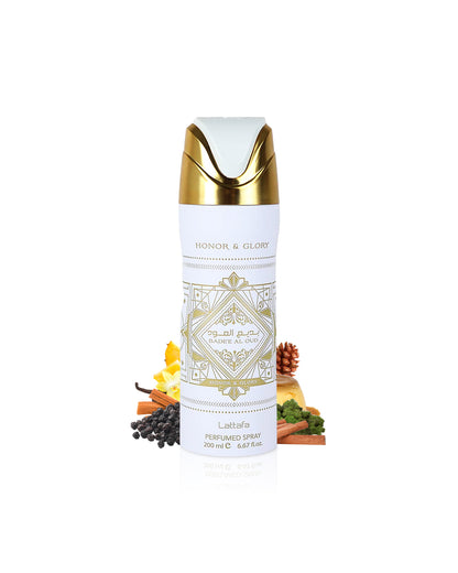 lattafa badee al oud honor and glory deodorant bottle surrounded with fragrance notes like cinnamon and vanilla shows against white background