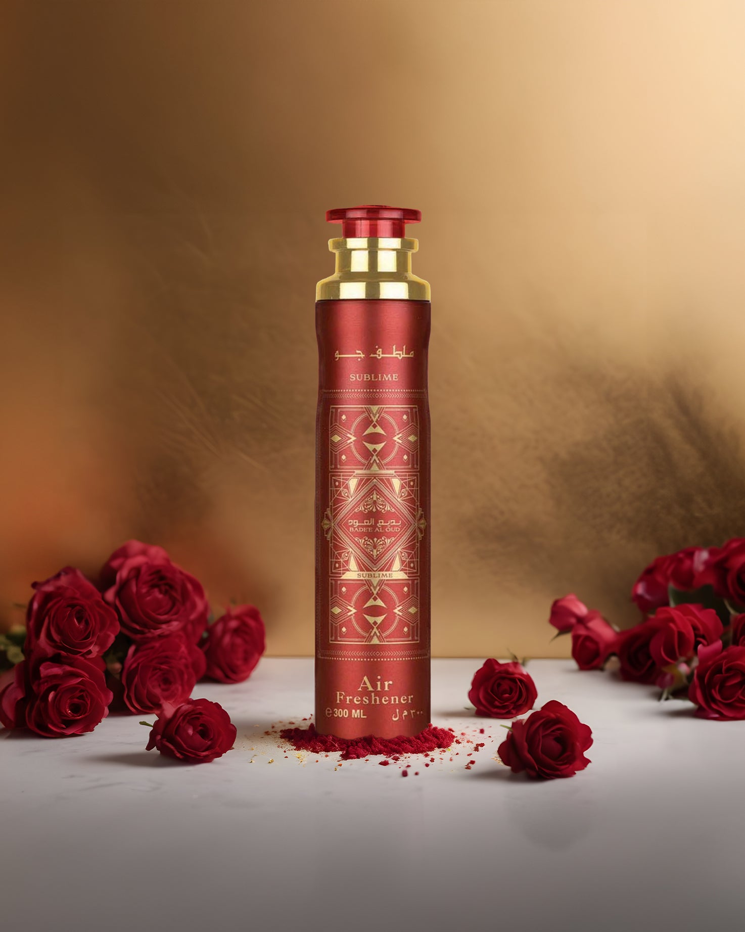badee al oud sublime air freshener bottle photograph surrounded with red roses