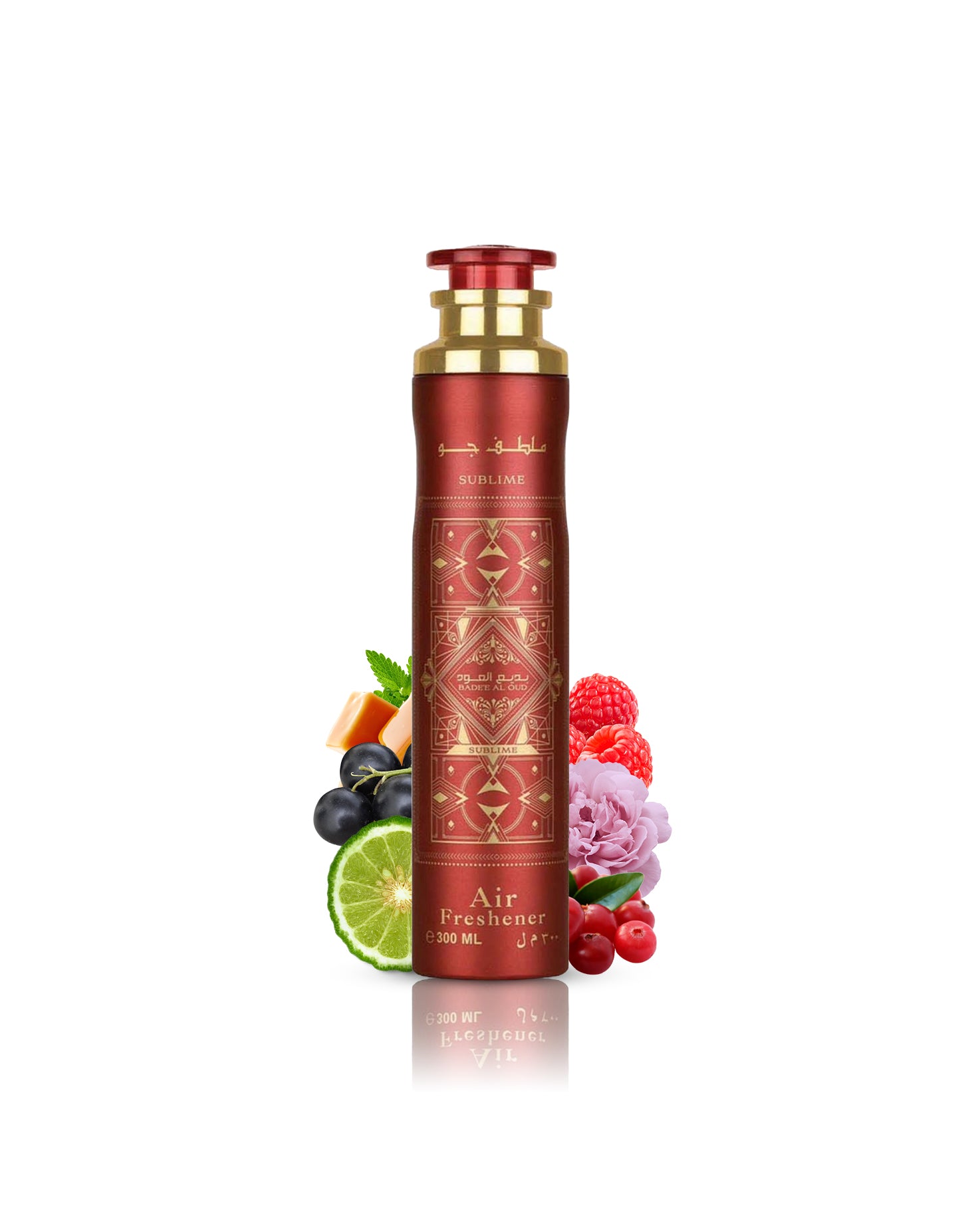 badee al oud sublime air freshener bottle surrounded by litchie rose against white background