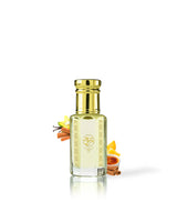 badr wafi perfume oil bottle with a shiny gold cap and gold decorative patterns, filled with pale yellow liquid. The bottle is centered on a white background with cinnamon sticks, vanilla pods, and citrus slices arranged around it.