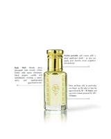 badr wafi perfume oil bottle with a shiny gold cap and gold decorative detailing, filled with pale yellow liquid. The bottle is centered on a white background with descriptive text callouts around it.
