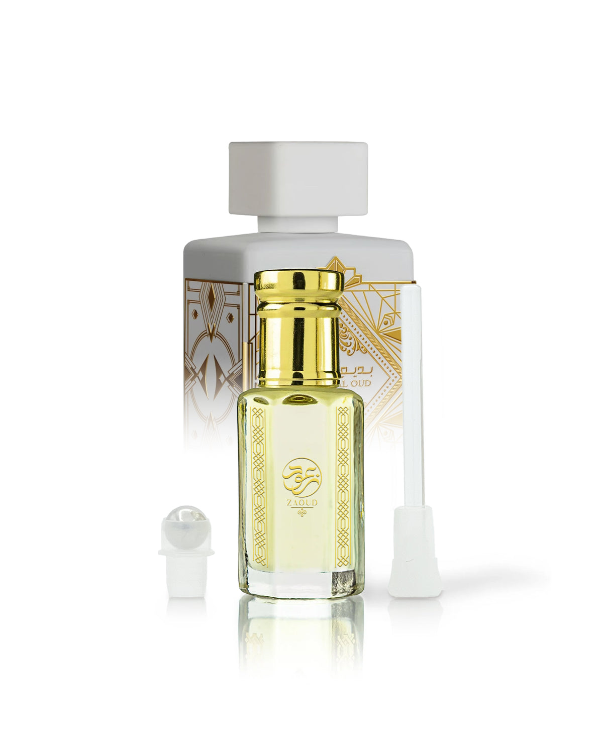 badr wafi perfume oil bottle shows with lattafa perfume bottle behind against white background