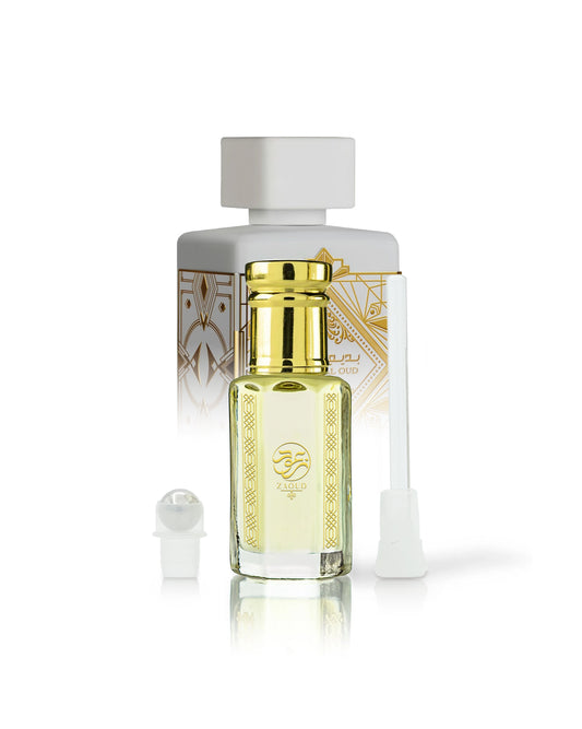 badr wafi perfume oil bottle shows with lattafa perfume bottle behind against white background
