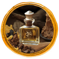 balsamic perfume bottle over woodlog on left brown frankincense.