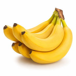 A bunch of ripe yellow bananas with brown stems, photographed on a clean white background.