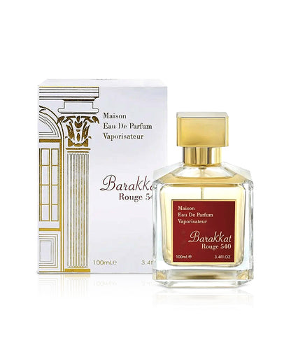 barakkat rouge 540 eau de parfum by fragrance world perfume bottle shows beside its box  against white background