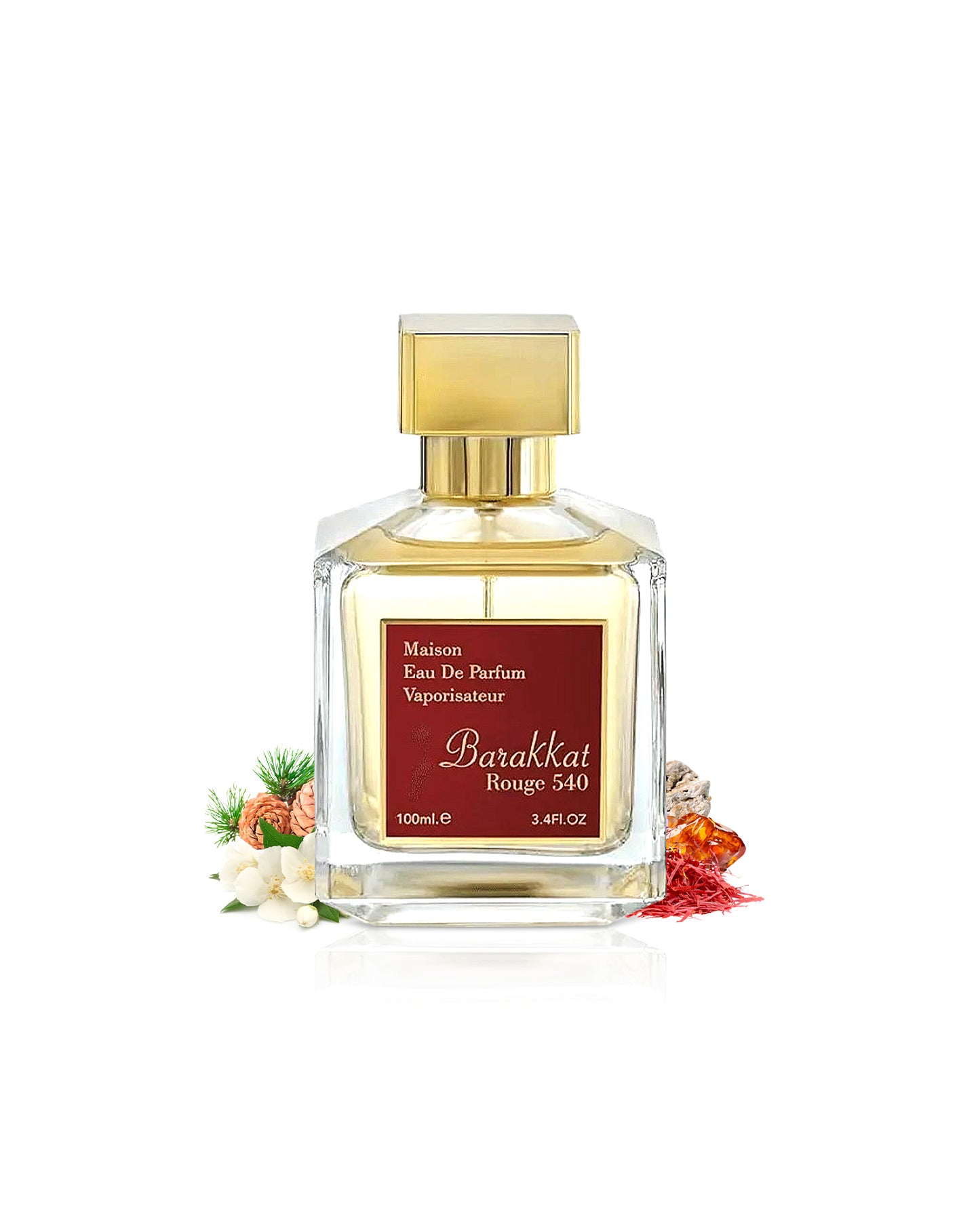 barakkat rouge 540 eau de parfum by fragrance world perfume bottle surrounded with its ingredients like jasmine and saffron shows from behind the bottle  against white background