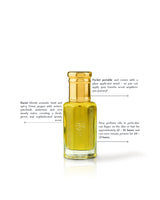 barari perfume oil bottle beside written fragrance informations against white background