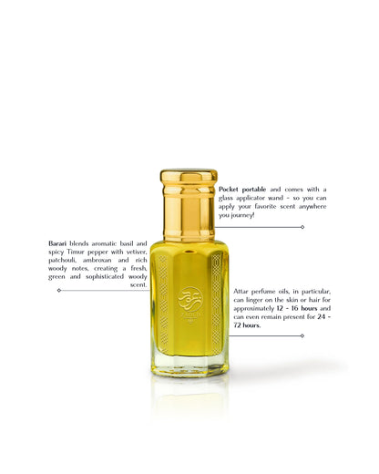 barari perfume oil bottle beside written fragrance informations against white background