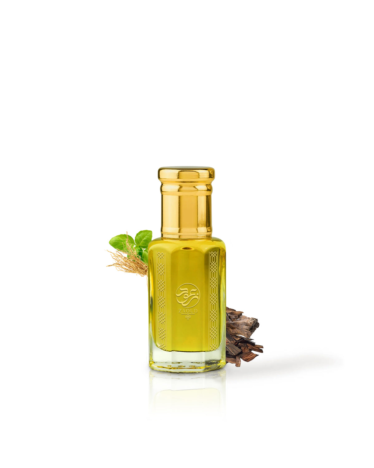 barari perfume oil bottle surrounded with fragrance notes like woods and vetiver shows against white background