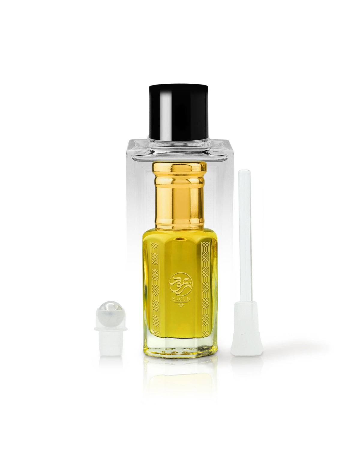barari perfume oil bottle with roller and stick shows beside against white background