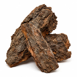 Three pieces of textured dark brown bark stacked on a plain white background.