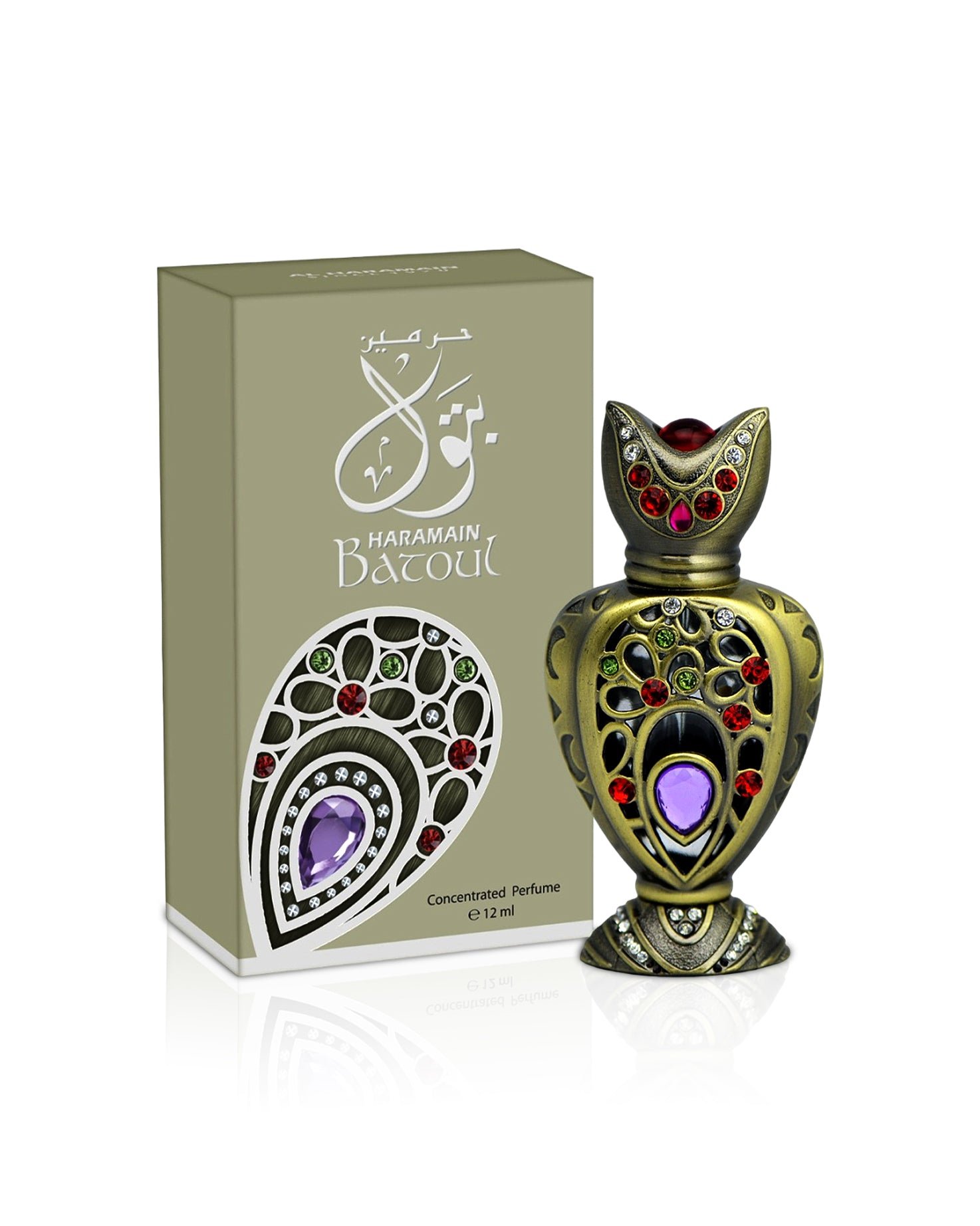 batoul by al haramain perfume oil bottle shows beside its box against white background