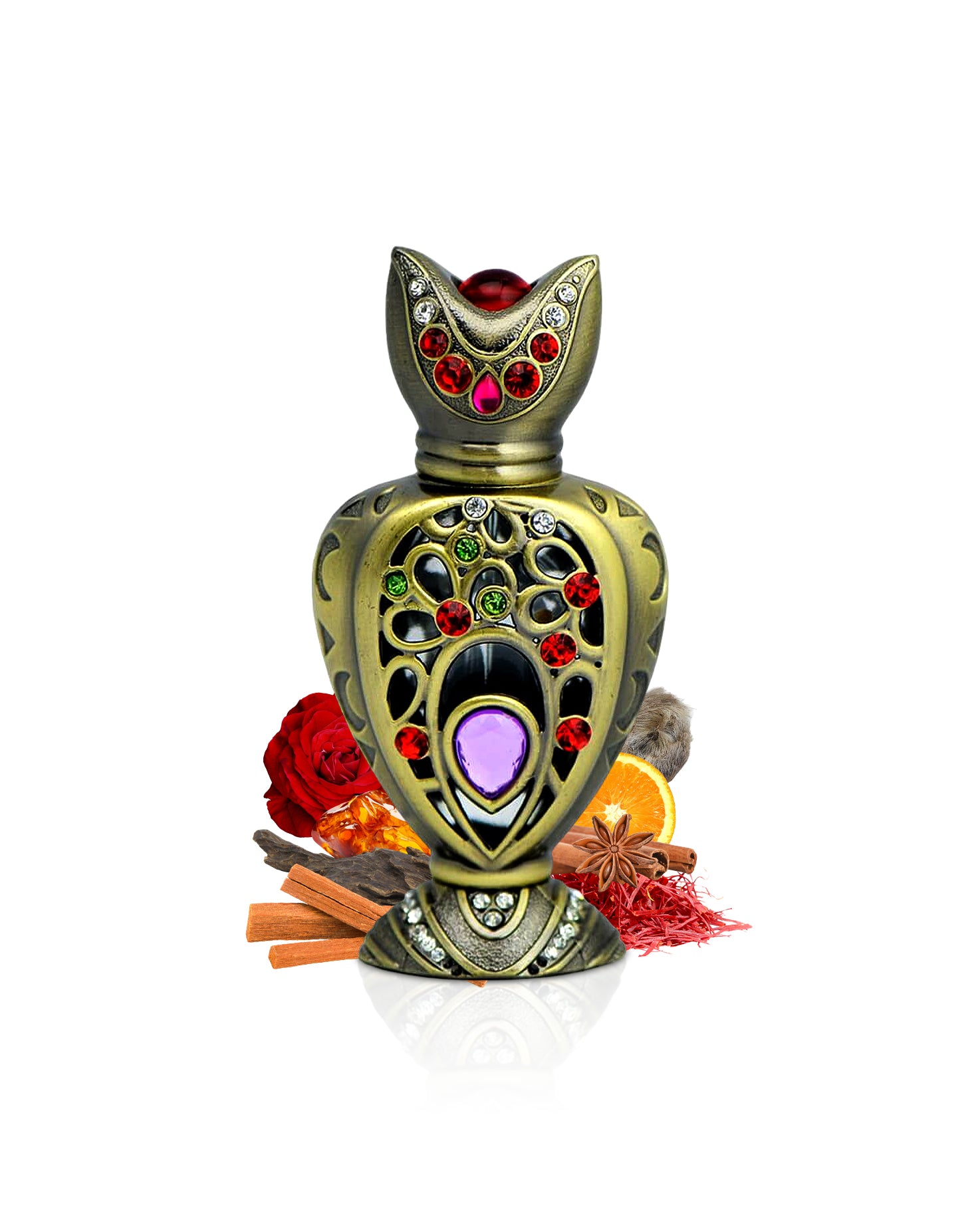 batoul by al haramain perfume oil bottle surrounded with its ingredients like saffron and rose with many others shows from behind the bottle against white background