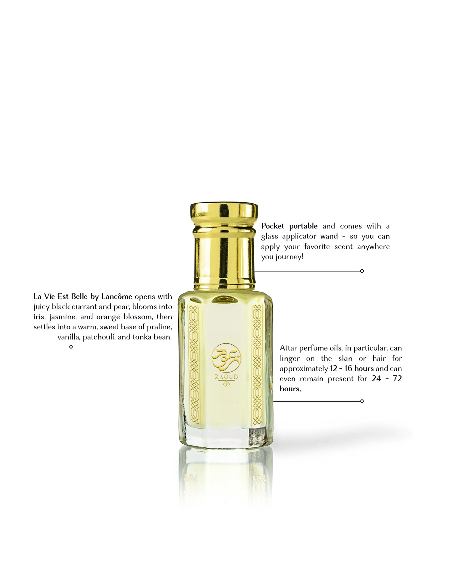 belle aura erfume oil bottle beside written fragrance informations shows against white background