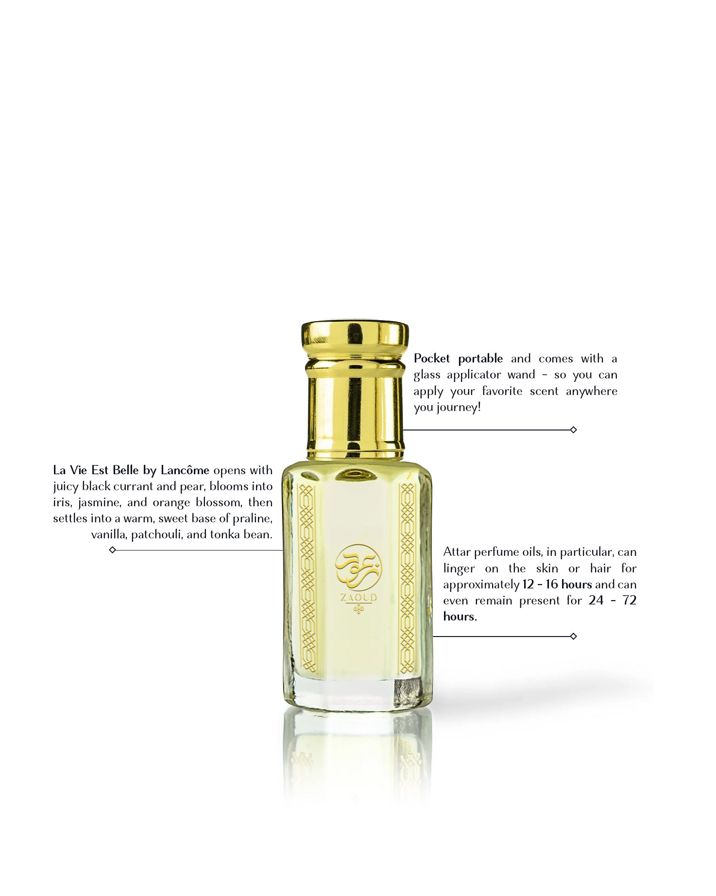 belle aura erfume oil bottle beside written fragrance informations shows against white background