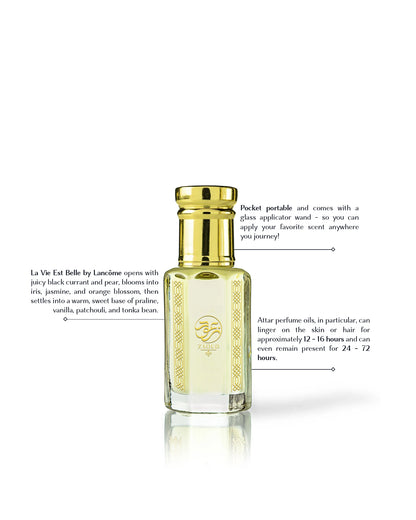 belle aura erfume oil bottle beside written fragrance informations shows against white background