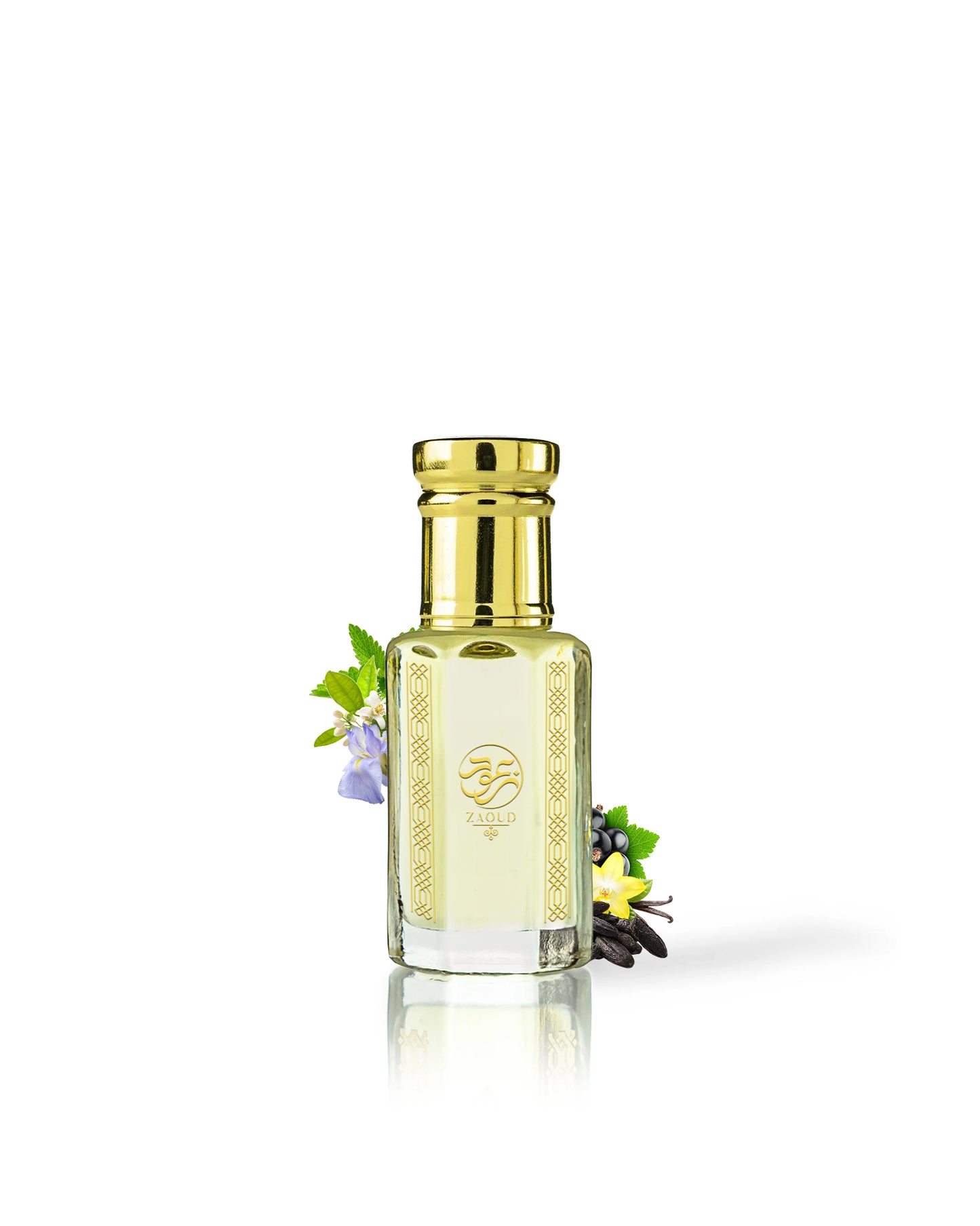 belle aura erfume oil bottle surrounded with fragrance notes like iris and jasmine shows from behind the bottle against white background