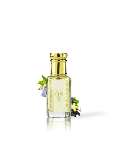 belle aura erfume oil bottle surrounded with fragrance notes like iris and jasmine shows from behind the bottle against white background