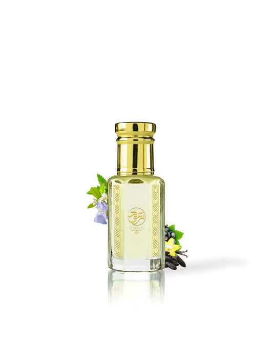 belle aura erfume oil bottle surrounded with fragrance notes like iris and jasmine shows from behind the bottle against white background
