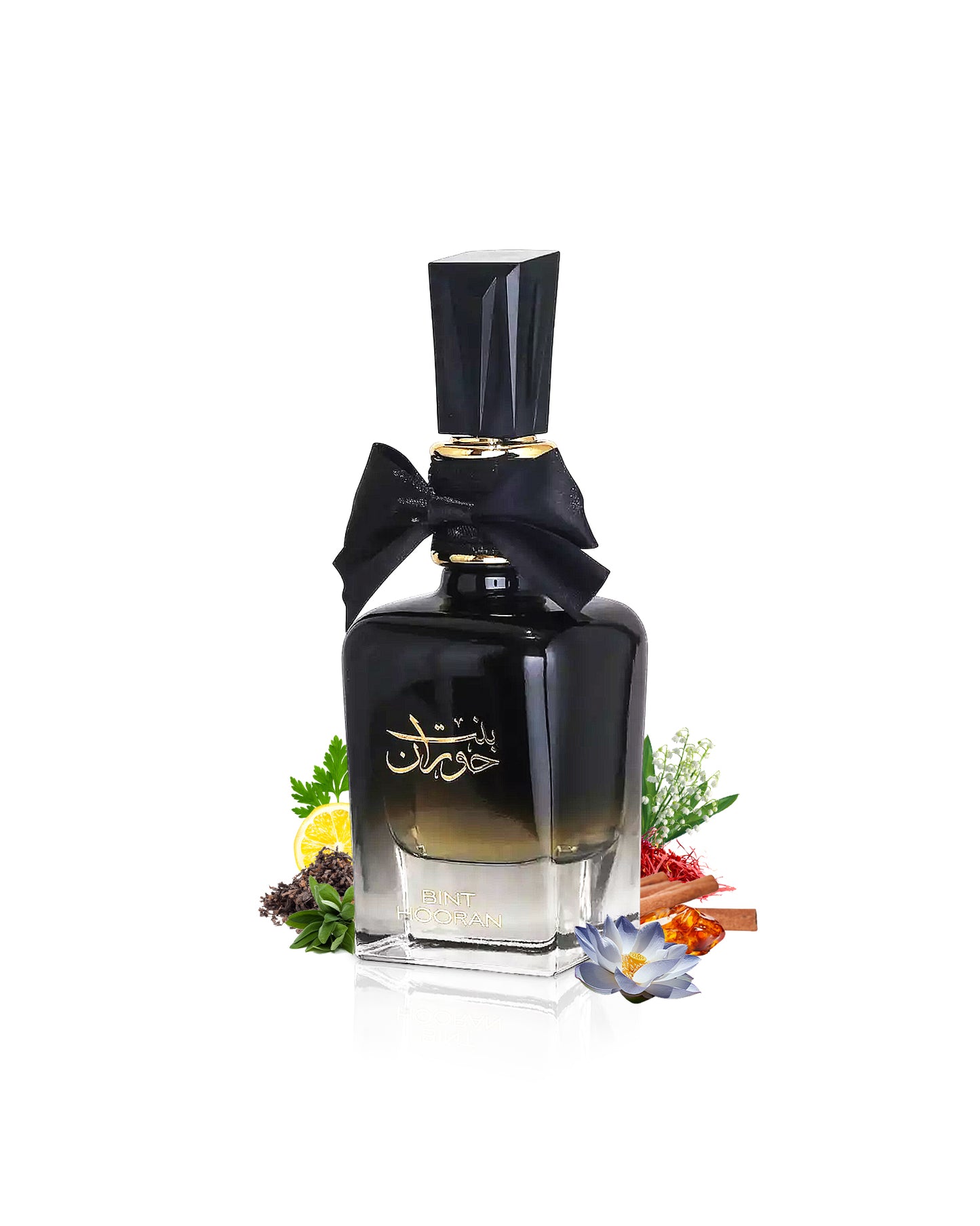 bint hooran perfume bottle surrounded with fragrance notes like flowers and amber shows from behind the bottle against white background