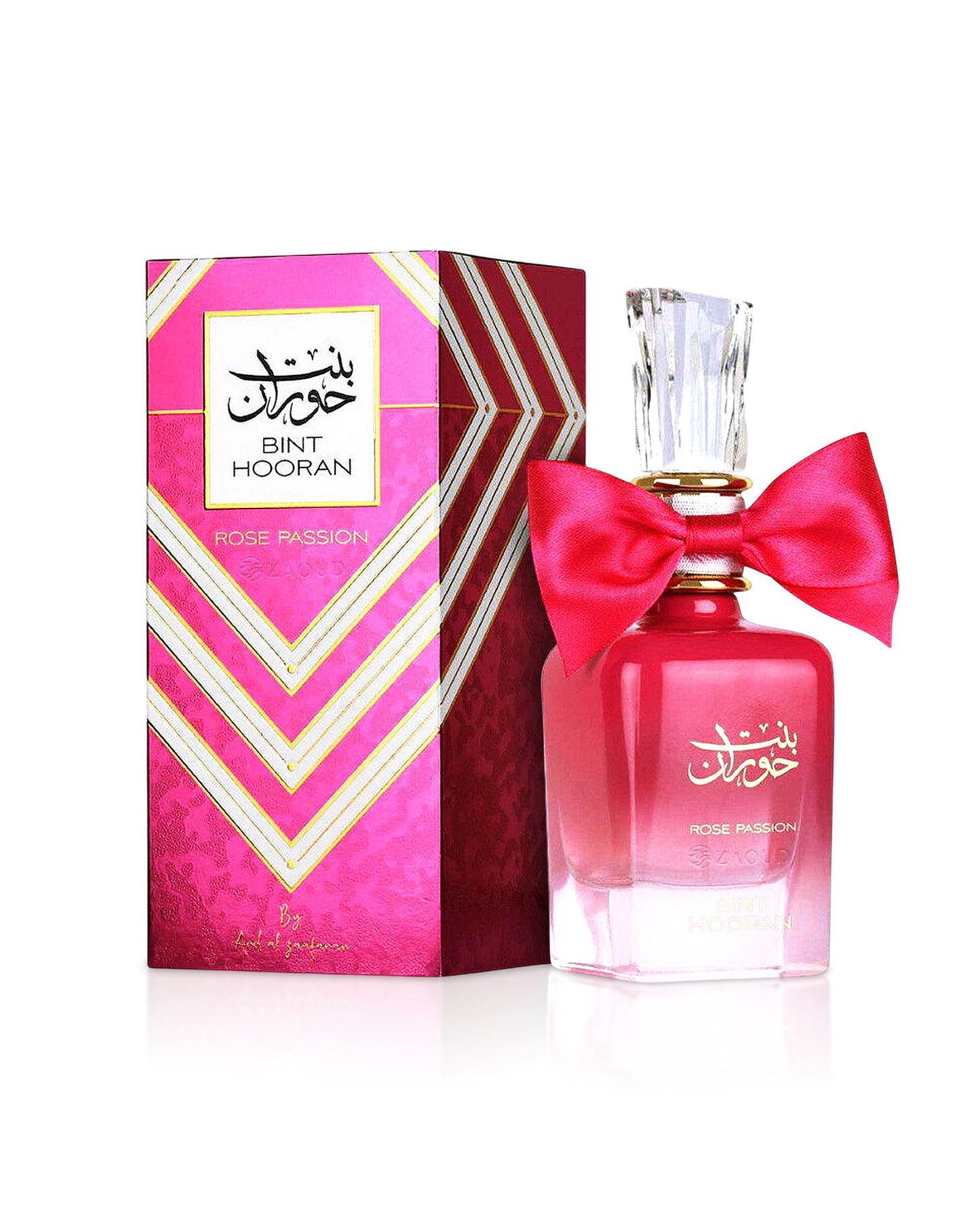 ard al zaafaran bint hooran rose passion perfume bottle shows beside its box against white background