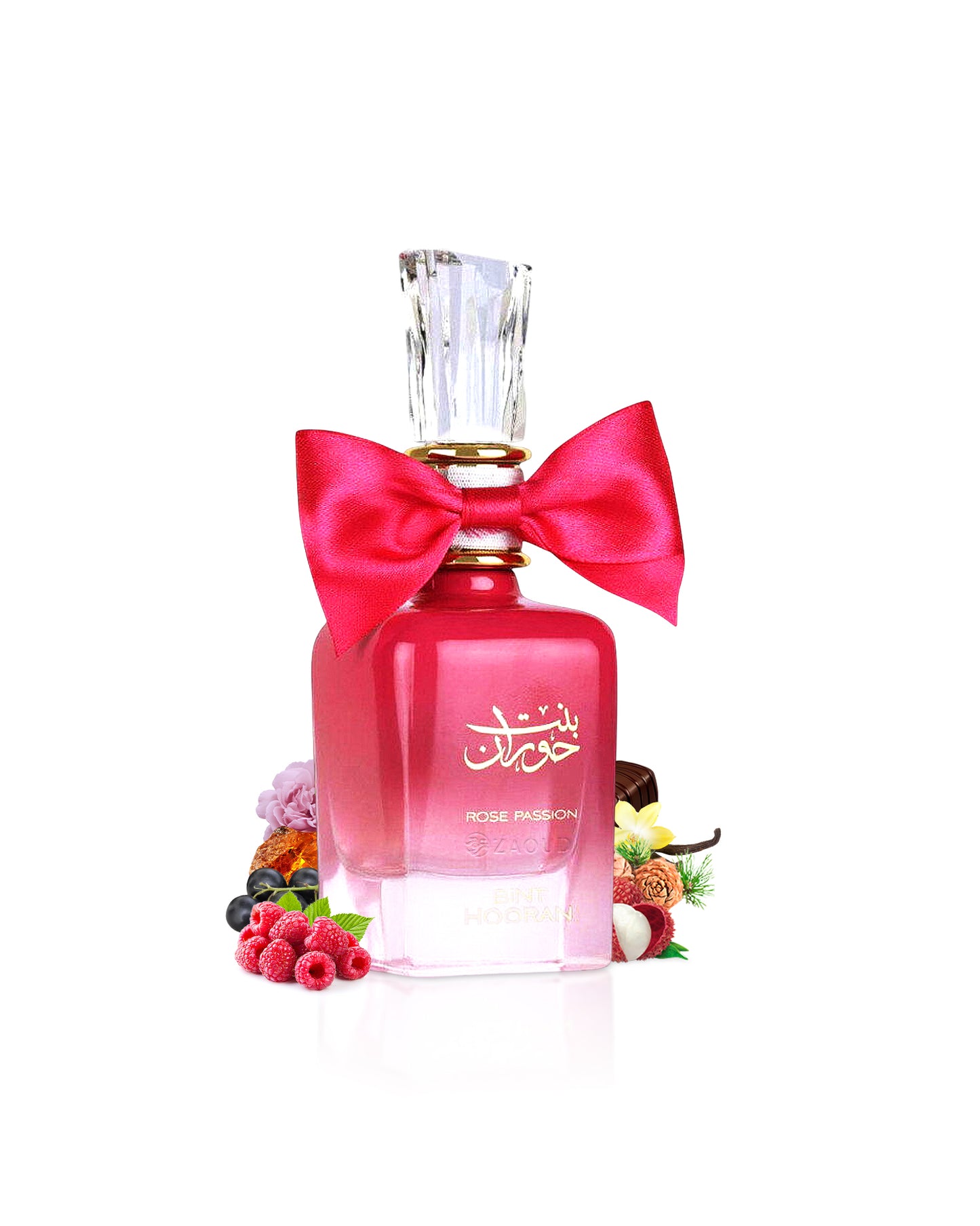 ard al zaafaran bint hooran rose passion perfume bottle surrounded with fragrance notes like rose and litchi  shows against white background