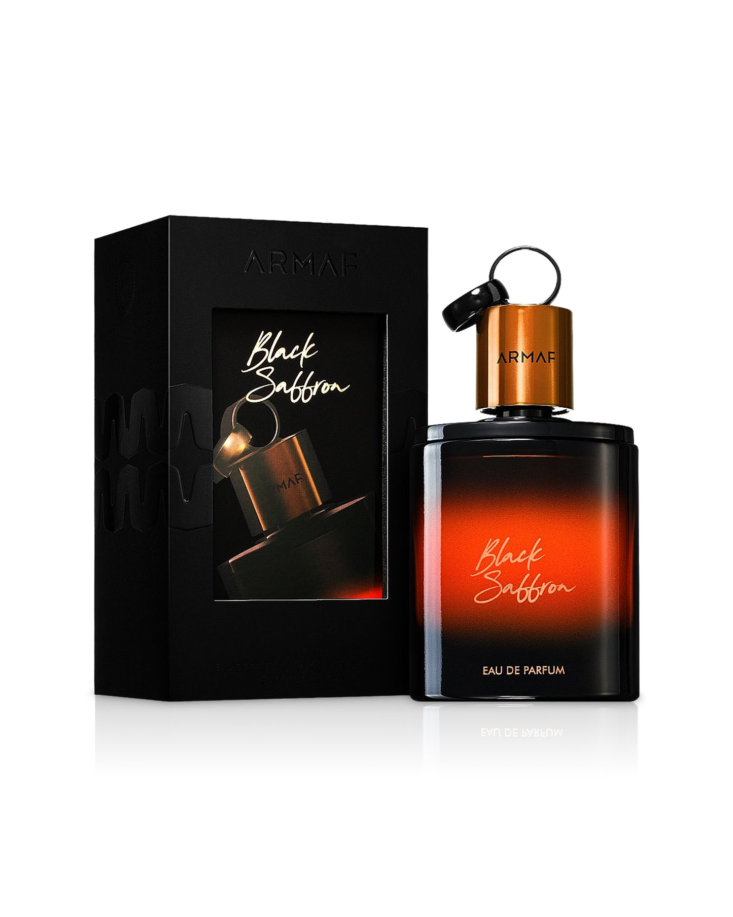 black saffron by armaf perfume bottle shows beside its box against white background