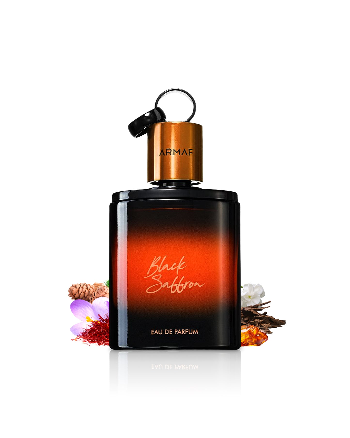 black saffron by armaf perfume bottle surrounded with its ingredients like saffron and amber shows from behind the bottle  against white background