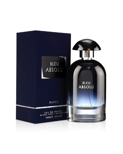 bleu absolu by riiffs perfumes bottle shows beside its box against white background