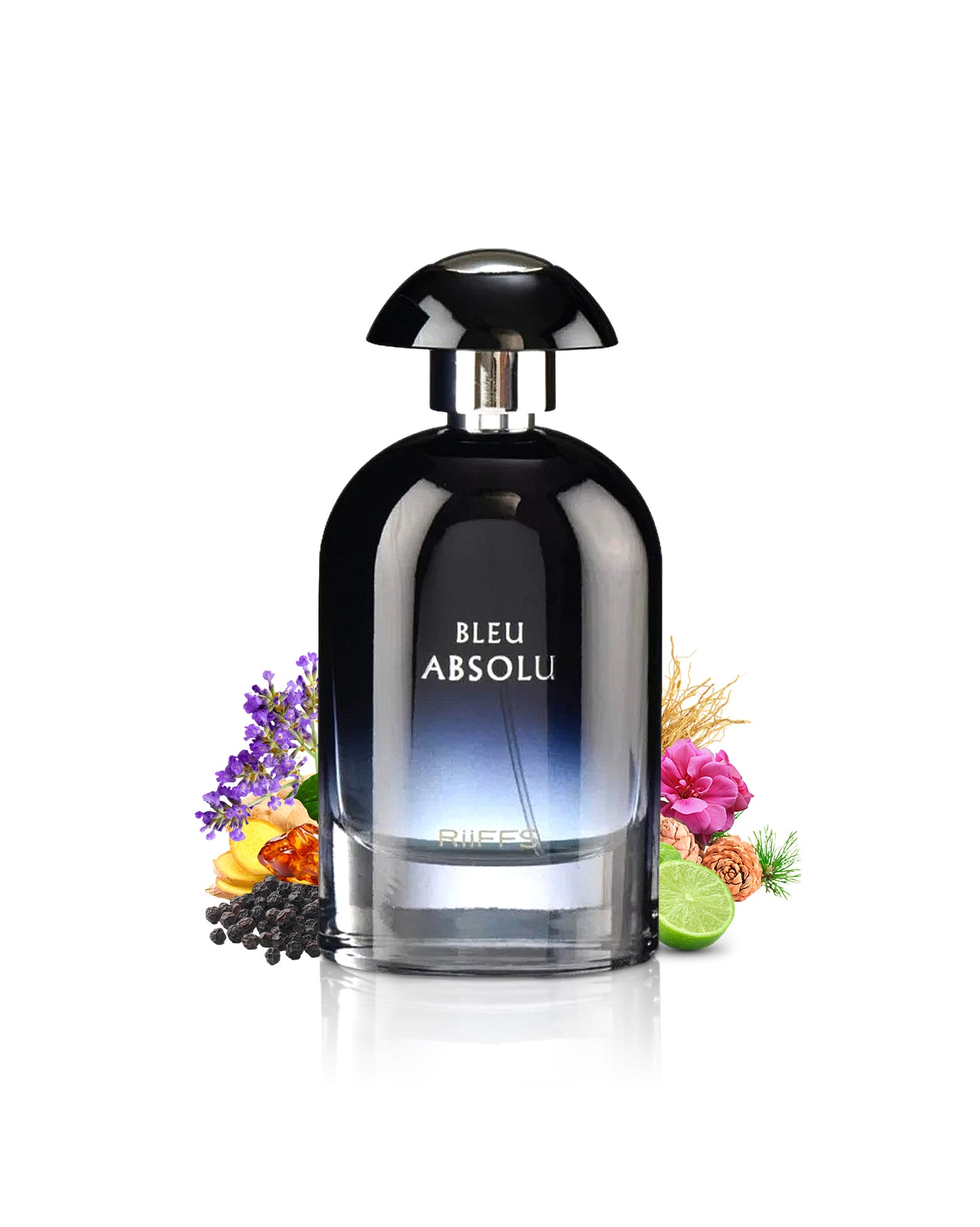 bleu absolu by riiffs perfumes bottle surrounded with its ingredients like citrus and rose with many others shows from behind the bottle  against white background